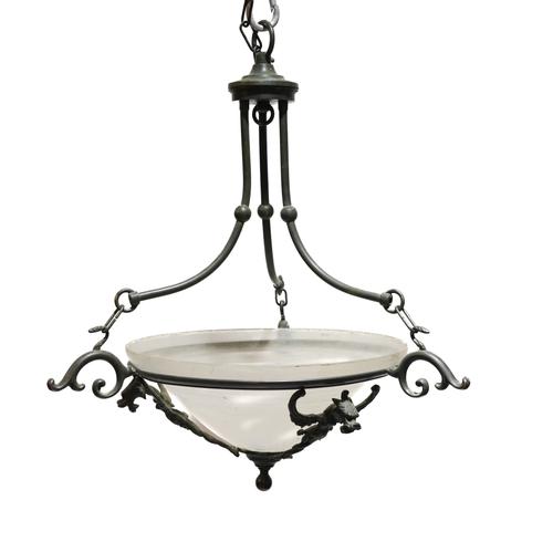 A PAIR OF VERDI-GRIS PATINATED METAL MOUNTED FROSTED GLASS DISH LIGHTS (2)
