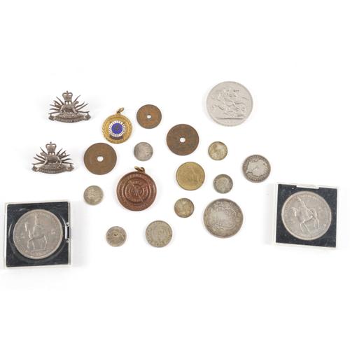 A PAIR OF NYASALAND POLICE SILVER COLLAR BADGES AND A SMALL GROUP OF COINS AND FOBS (20)