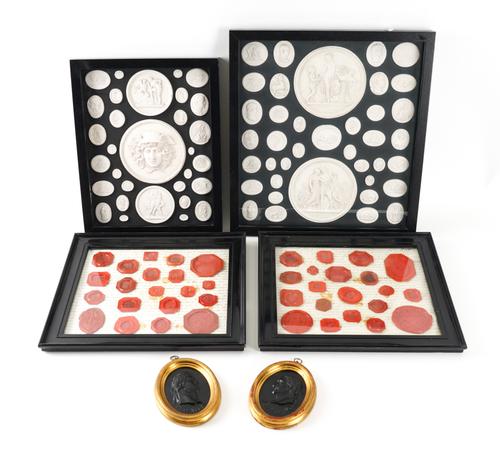 TWO MOUNTED AND FRAMED GROUPS OF RED WAX SEALS (6)