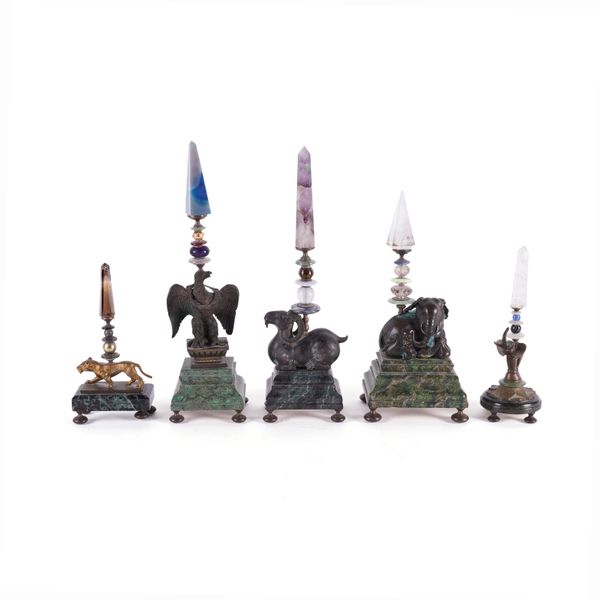 A GROUP OF FIVE BRONZE MOUNTED HARDSTONE OBELISK MANTEL ORNAMENTS (5)