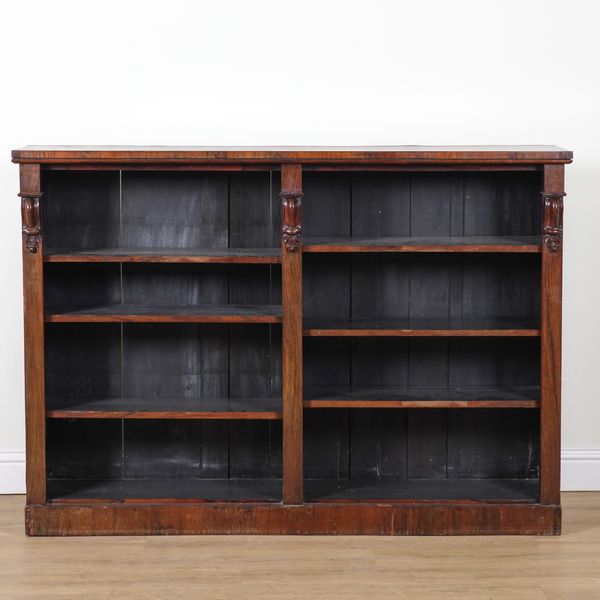 A REGENCY ROSEWOOD FLOOR STANDING TWIN SECTION OPEN BOOKCASE