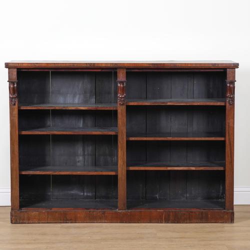 A REGENCY ROSEWOOD FLOOR STANDING TWIN SECTION OPEN BOOKCASE