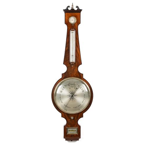 A LATE REGENCY MAHOGANY AND OUTLINED LARGE WHEEL BAROMETER