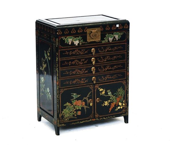A MODERN CHINESE BLACK LACQUER SIDE CABINET