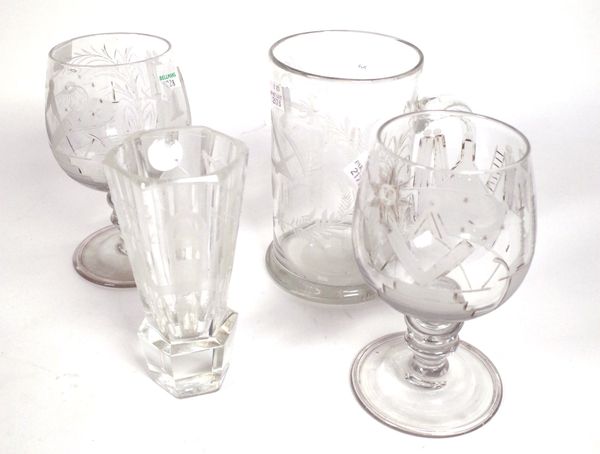 A GROUP OF FOUR MASONIC DRINKING GLASSES (4)