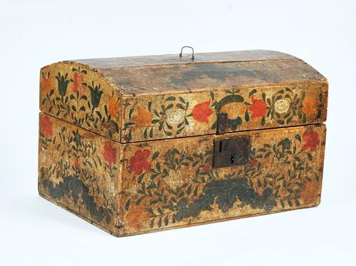 A Normandy cream and polychrome painted small domed casket