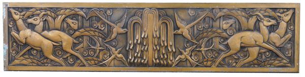 AFTER WALTER GILBERT (1871-1946): A CAST ZINC ALLOY FRIEZE PANEL DEPICTING LEAPING ANTELOPES