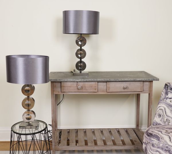 LIGHTING, A PAIR OF SMOKY GLASS TABLE LAMPS WITH GREY SILK SHADES