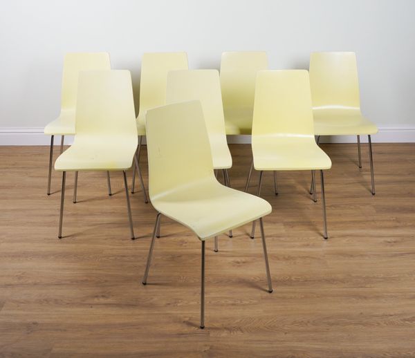 A SET OF EIGHT YELLOW DINING CHAIRS (8)