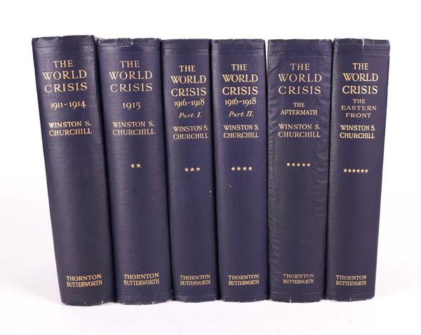 CHURCHILL, Winston (1874-1965). The World Crisis, London, 1923-31, 6 vols., large 8vo, plates, original cloth. FIRST EDITION, VOLUMES ONE AND V ANNOTATED, HIGHLIGHTED AND WITH PASSAGES UNDERLINED IN PENCIL BY ANTHONY EDEN THROUGHOUT. (6)