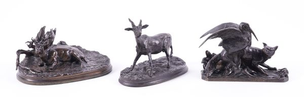 AFTER PIERRE-JULES MENE (1810-1879): A FRENCH BRONZE GROUP OF A RECUMBENT STAG AND ANOTHER OF A DOE (3)