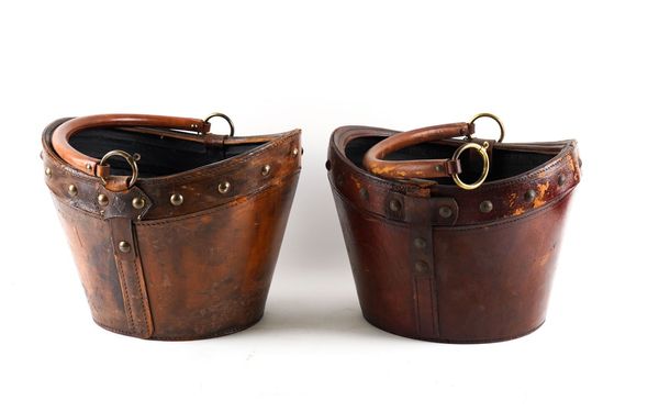 FOUR LEATHER AND BRASS MOUNTED BUCKETS (4)