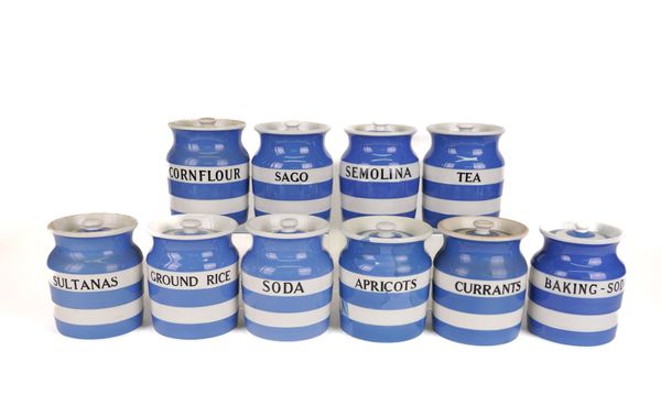 T.G. GREEN: TEN SMALL CORNISHWARE HOUSEHOLD JARS INCLUDING CORNFLOUR AND APRICOTS (10)