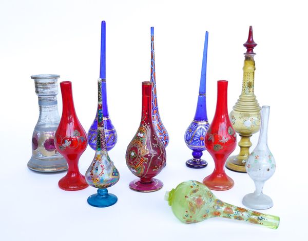 A GROUP OF BOHEMIAN GLASS ENAMEL DECORATED ROSEWATER SPRINKLERS, SPILL VASES AND BASES (11)