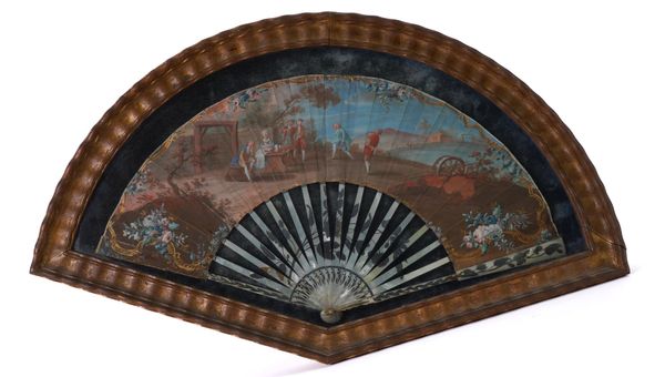 A FRENCH GOUACHE PAINTED PAPER AND MOTHER-OF PEARL FAN (QTY)