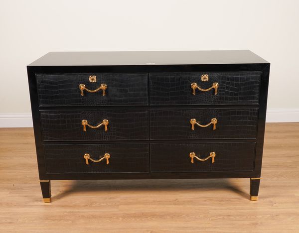 RALPH LAUREN; A BROOK STREET BLACK LACQUER PARCEL GILT SIX DRAWER CHEST WITH FAUX CROCODILE LEATHER VENEERED DRAWERS