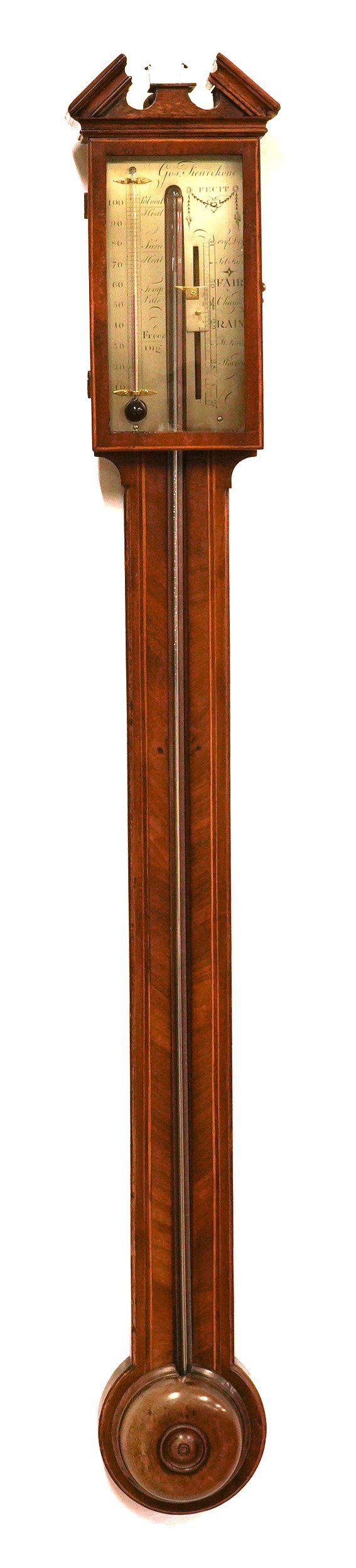 A GEORGE III MAHOGANY AND OUTLINED STICK BAROMETER