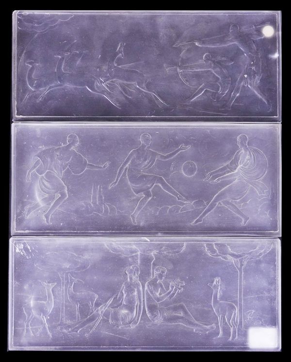 THREE ART DECO SABINO FROSTED GLASS RELIEF PANELS DEPICTING HUNTING GAZELLES, ARTEMIS AND DIANA AND ART DECO LADIES PLAYING FOOTBALL (3)