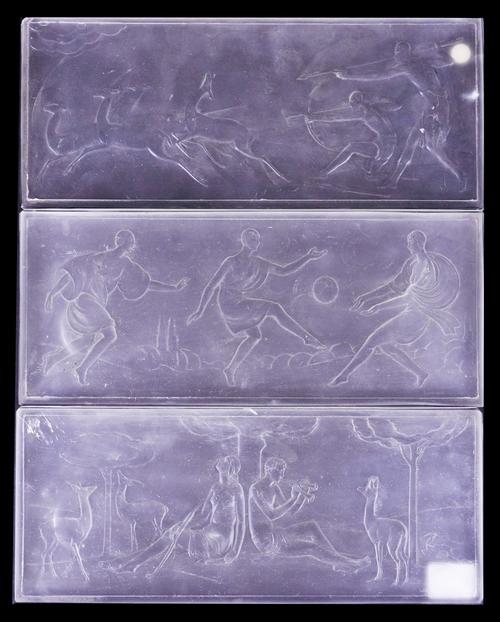 THREE ART DECO SABINO FROSTED GLASS RELIEF PANELS DEPICTING HUNTING GAZELLES, ARTEMIS AND DIANA AND ART DECO LADIES PLAYING FOOTBALL (3)