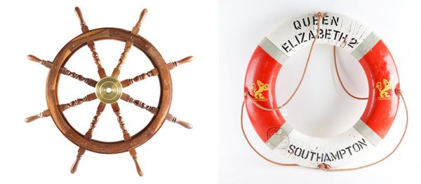 CUNARD LINE: A LIFE BELT FROM THE QE2 TOGETHER WITH A WALNUT SHIP’S WHEEL (2)