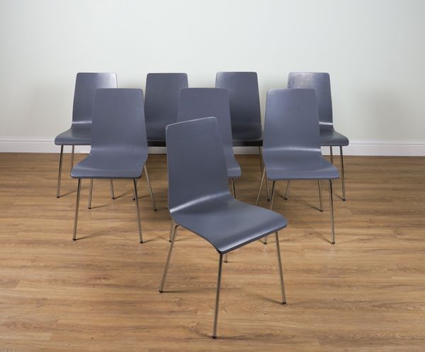 A SET OF EIGHT DARK GREY DINING CHAIRS (8)