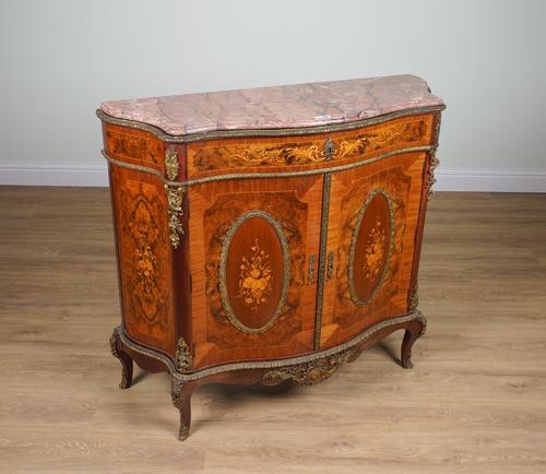 A FRENCH GILTMETAL-MOUNTED SERPENTINE SHAPED MARQUETRY, MAHOGANY AND WALNUT MEUBLE D’APPUI / SIDE CABINET WITH LIVER RED MARBLE TOP
