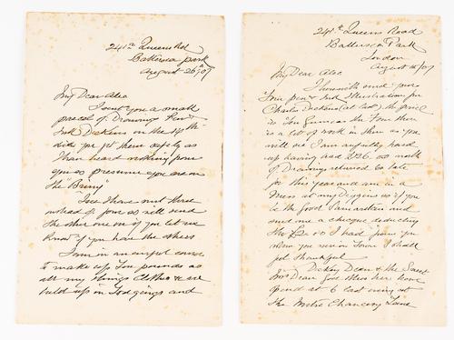 CRUIKSHANK, George (1792-1865). 2 autograph letters and a post card, signed; and another autograph letter and an autograph poem, both in an unidentified hand. (5)