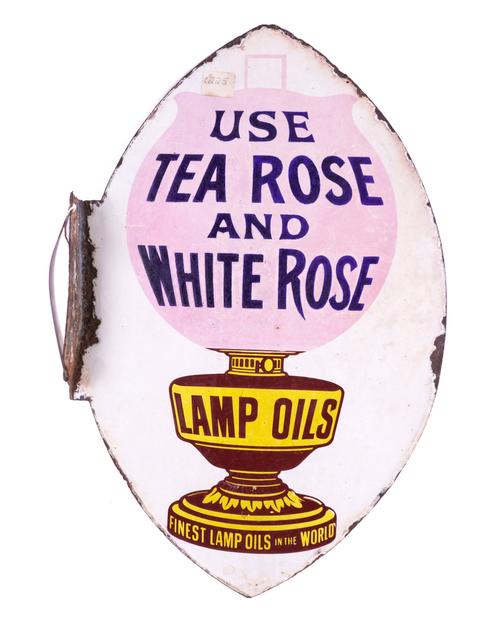 LAMP OILS “USE TEA ROSE AND WHITE ROSE” OVAL ENAMEL SIGN