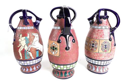 THREE CZECH AMPHORA-WARE EWERS WITH SGRAFFITO DECORATION (3)