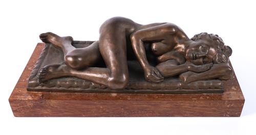 BARBARA TRIBE (AUSTRALIAN 1913-2000): 'MARGUERITE ASLEEP' BRONZE SCULPTURE OF A WOMAN