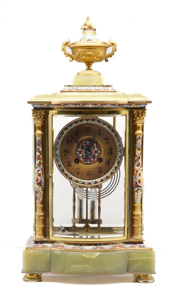 A FRENCH CLOISONNÉ ENAMEL, ORMOLU AND GREEN ONYX BOW-FRONTED FOUR-GLASS MANTEL CLOCK