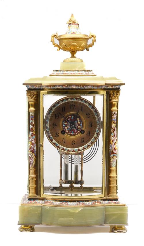 A FRENCH CLOISONNÉ ENAMEL, ORMOLU AND GREEN ONYX BOW-FRONTED FOUR-GLASS MANTEL CLOCK