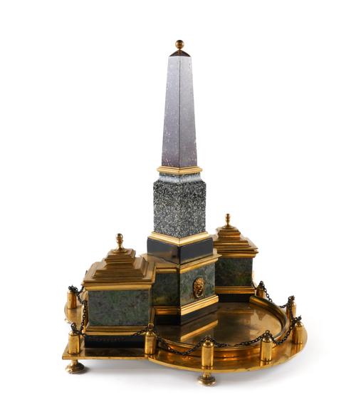 AN ITALIAN ORMOLU-MOUNTED RED PORPHYRY AND GREEN CORSICA QUARTZ INKSTAND