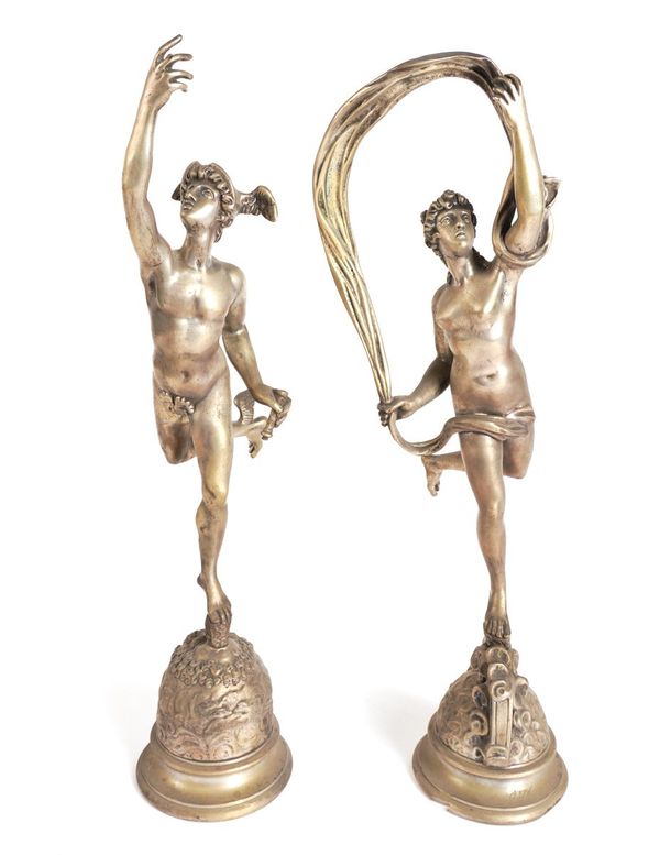 A PAIR OF FRENCH SILVERED METAL FIGURES OF MERCURY AND FORTUNA (2)