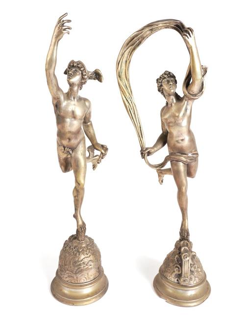 A PAIR OF FRENCH SILVERED METAL FIGURES OF MERCURY AND FORTUNA (2)