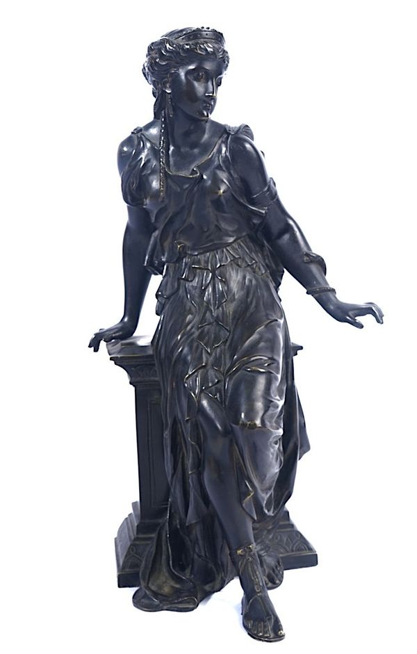 AFTER ETIENNE HENRI DUMAIGE (FRENCH, 1830-1888); A FRENCH PATINATED BRONZE OF A CLASSICAL FIGURE