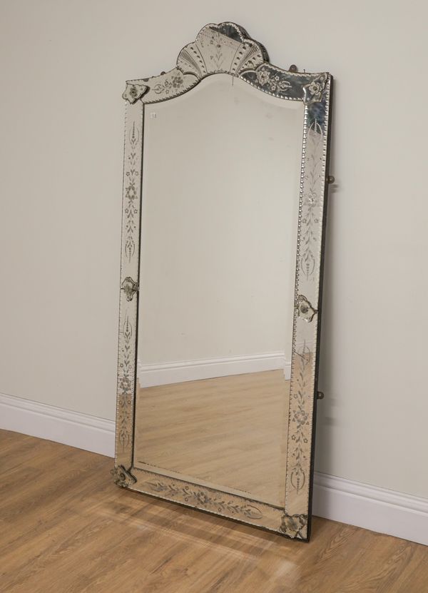 A MID 20TH CENTURY ETCHED GLASS ARCH TOP VENETIAN WALL MIRROR