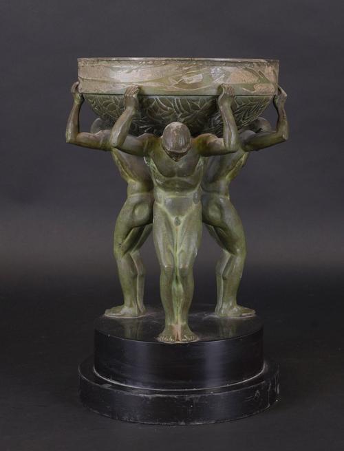 AN ART DECO GREEN PATINATED BRONZE TAZZA BASE