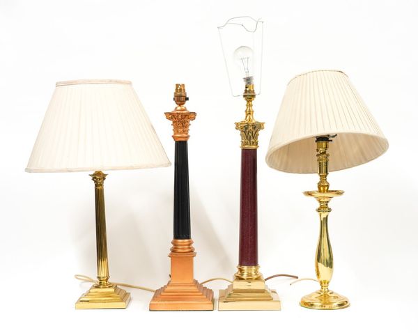 THREE GILT-METAL AND METAL CORINTHIAN COLUMN TABLE LAMPS AND ANOTHER BALUSTER BRASS LAMP (4)