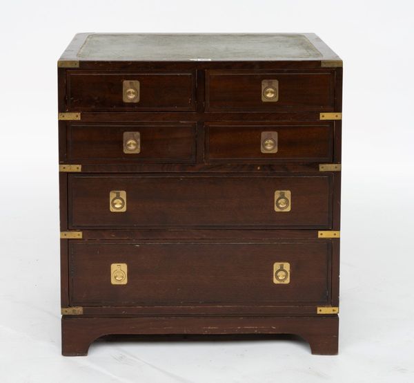 A CAMPAIGN STYLE BRASS BOUND MAHOGANY SIX DRAWER CHEST