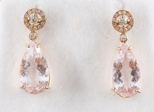 A PAIR OF MORGANITE AND DIAMOND DROP EARRINGS