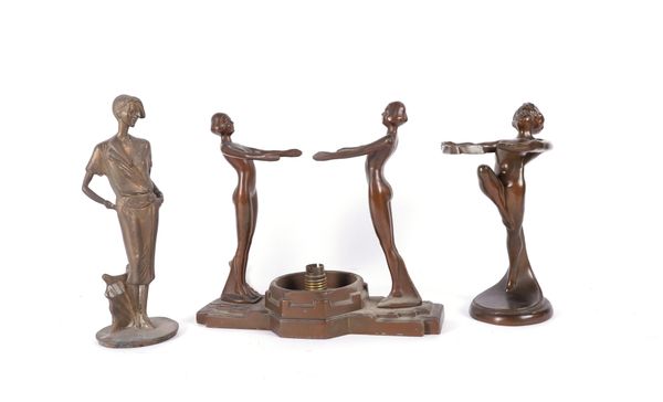 AN ART DECO STYLE BRONZED METAL FIGURAL TABLE LAMP MODELLED WITH TWO OPPOSING LADIES TOGETHER WITH TWO OTHER FIGURAL SCULPTURES (3)