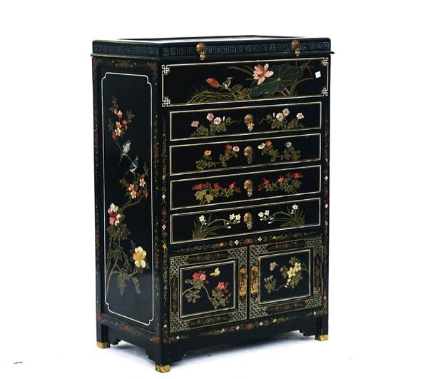 A MODERN CHINESE BLACK LACQUER SIDE CABINET