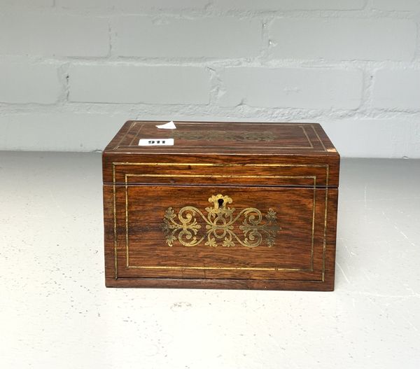 A REGENCY BRASS INLAID ROSEWOOD RECTANGULAR TEA CADDY