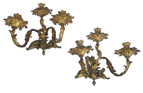 A PAIR OF WILLIAM IV THREE BRANCH ORMOLU WALL LIGHTS (2)