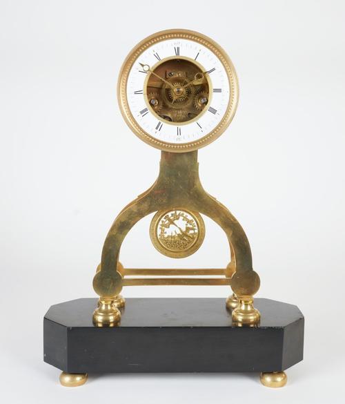 A FRENCH BRASS AND MARBLE SKELETON CLOCK