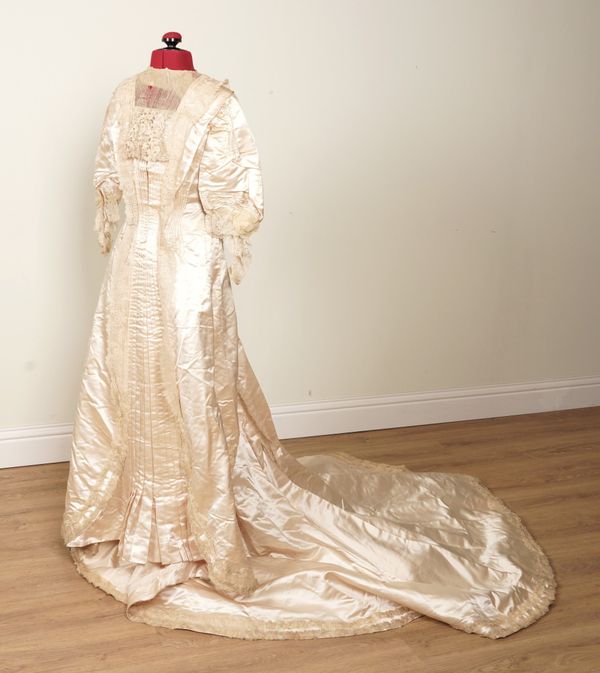 A LATE VICTORIAN SILK WEDDING DRESS AND OTHERS (QTY)