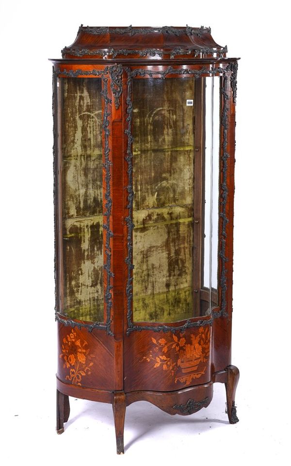 A LOUIS XV STYLE GILT METAL MOUNTED MARQUETRY INLAID KINGWOOD VITRINE