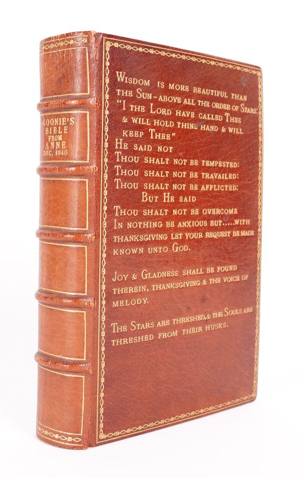 BINDING - The Holy Bible, London, [c.1940], 8vo, FINELY BOUND in contemporary russet crushed morocco gilt by Bumpus, the upper cover lettered in gilt with unusually extensive quotations. Please see the footnote below regarding the provenance.