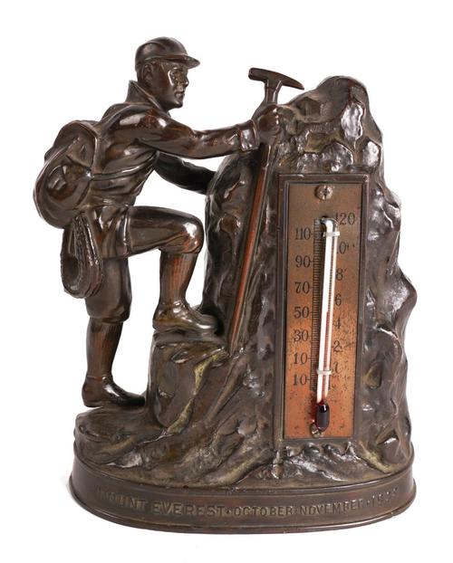 A BRONZE FIGURAL TABLE THERMOMETER MODELLED AS A MOUNT EVEREST CLIMBER